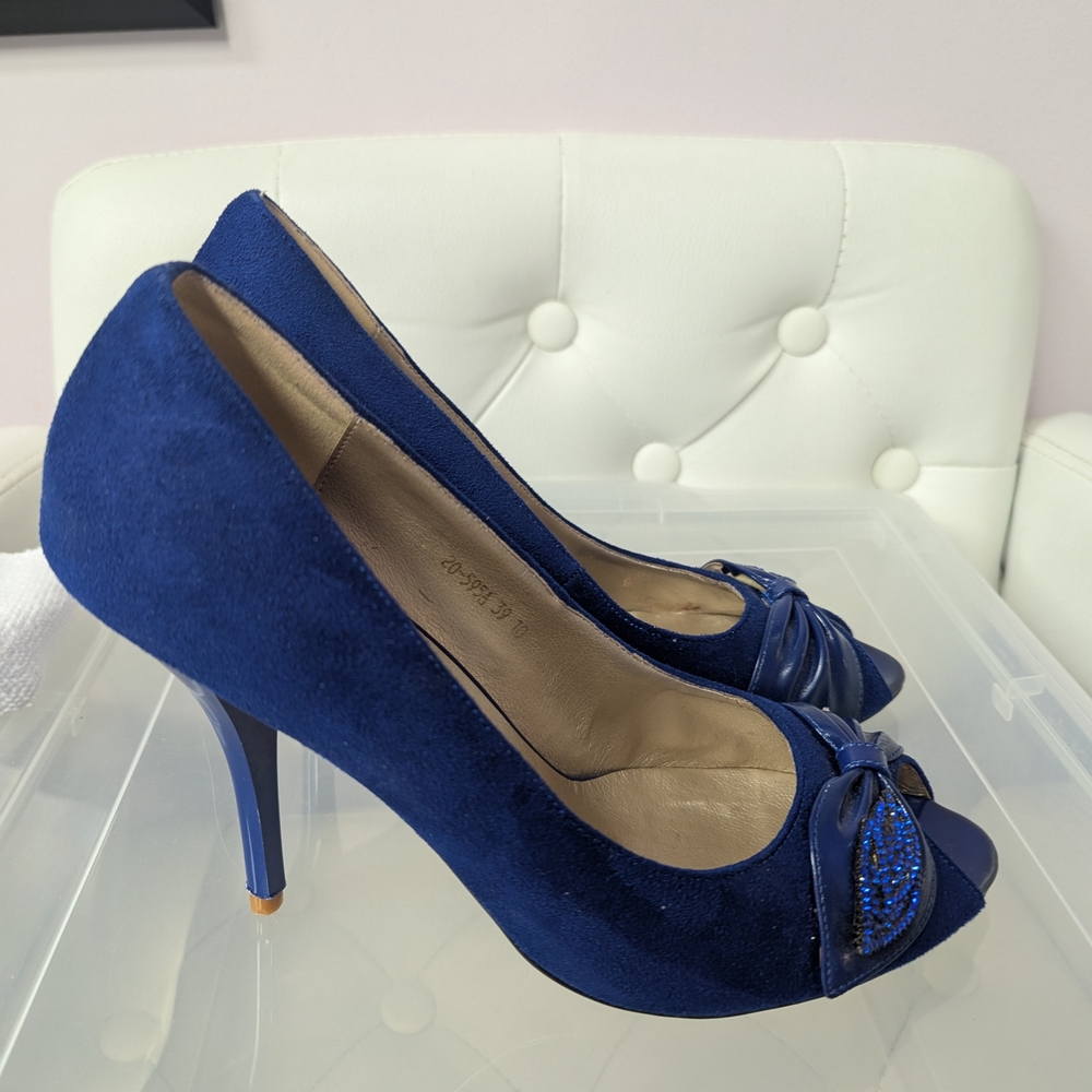 Royal Blue Suede Peep-Toe Heels with Bow Detail